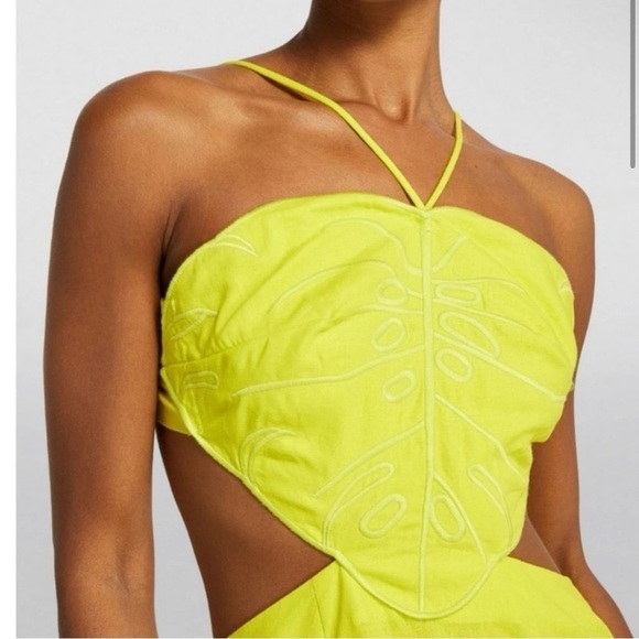 Farm Rio Monstera Midi Dress Maxi Linen Leaf Open Back Strappy Neon Highlighter - Picture 16 of 17